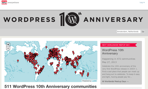 Overal ter wereld worden vandaag bijeenkomsten gehouden om het tienjarig bestaan van WordPress te vieren.