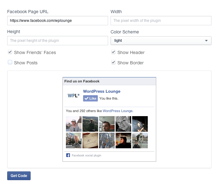 Instellingen voor je Facebook Like Box.