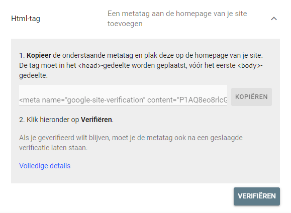 HTML tag van Google Search Console