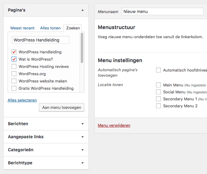 Pagina's zoeken om aan je menu toe te voegen