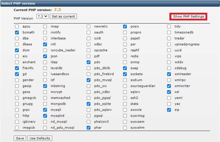 PHP settings weergeven