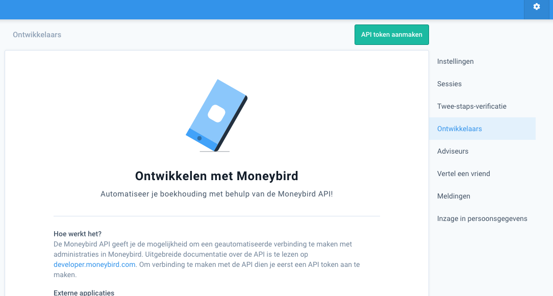 scherm in Moneybird voor aanmaken Api, groene button API Token aanmaken