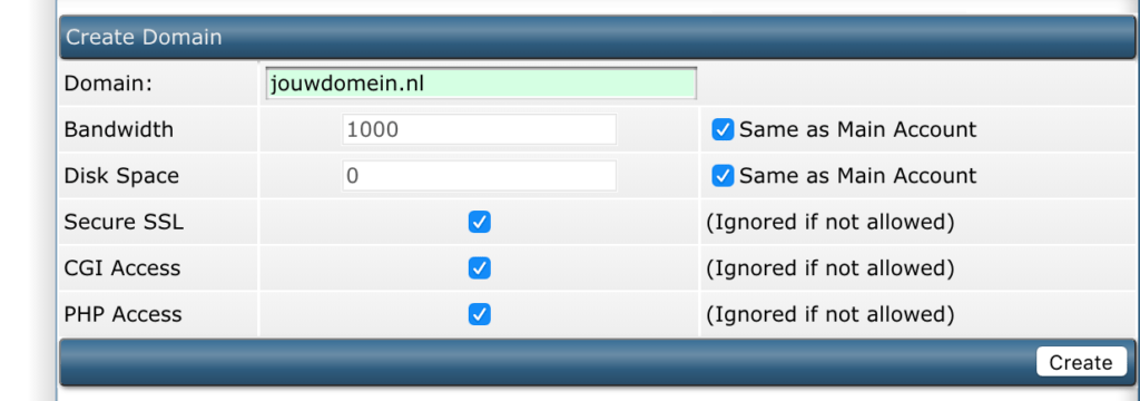 Domeinnaam invullen DirectAdmin