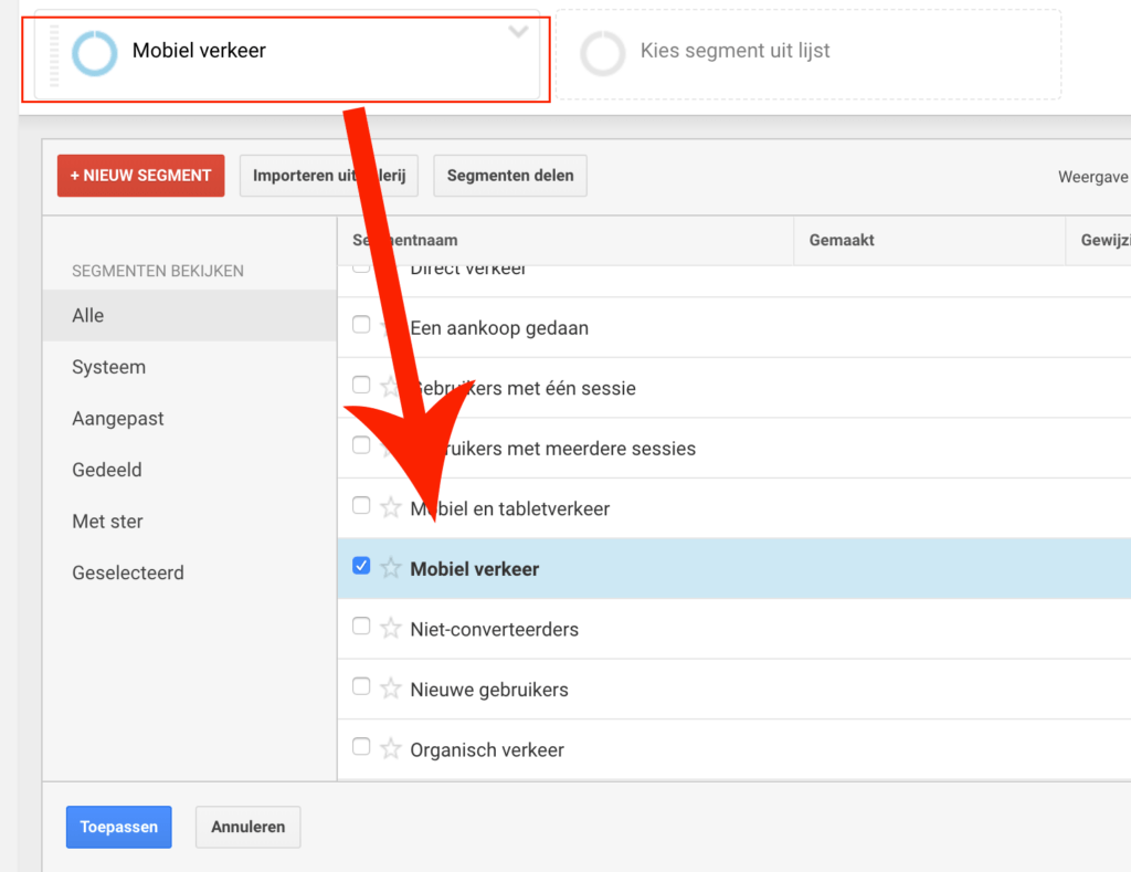 Segment mobiel verkeer Google Analytics