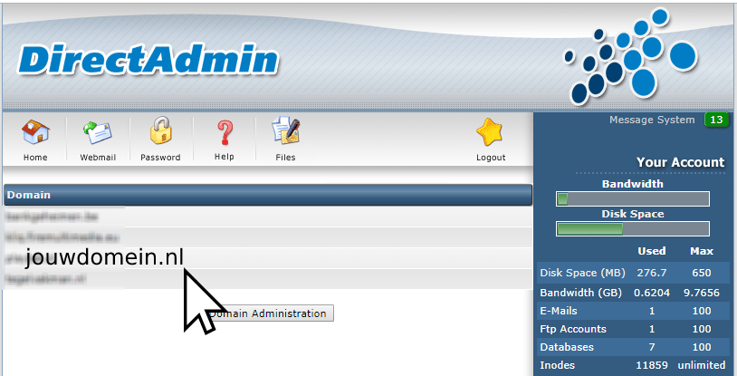 Jouw site in Direct Admin