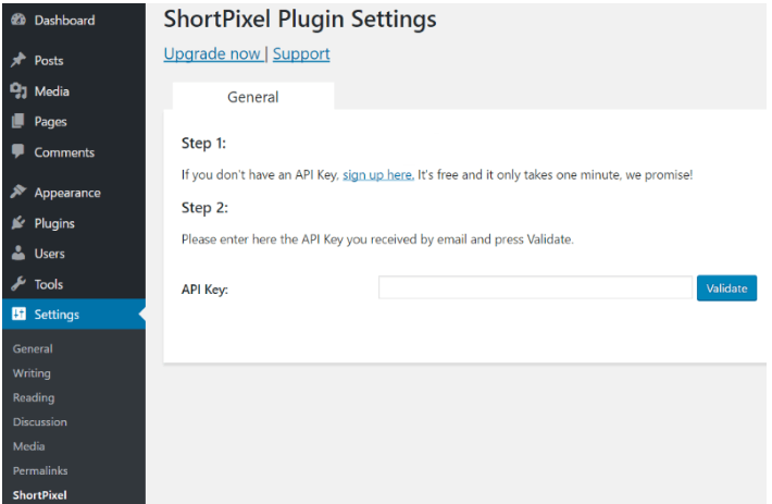 Activeren van de ShortPixel plug-in gebeurd via een API key