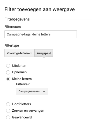 Filter kleine letters campagne-tags Analytics