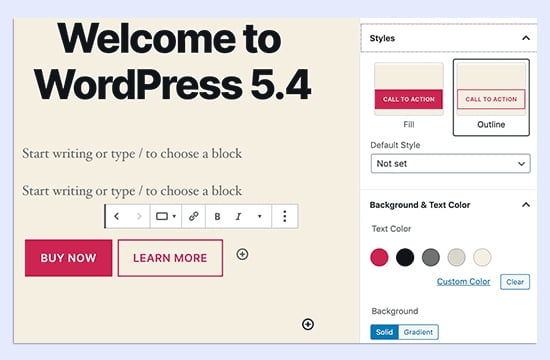WordPress 5.4 buttonsgroup block