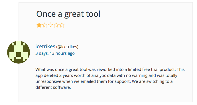 screenshot slechte review plugin, 1 ster, "Once a great tool"