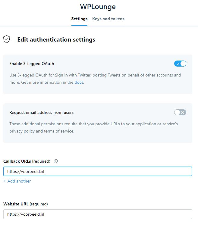 Authentication Settings Twitter