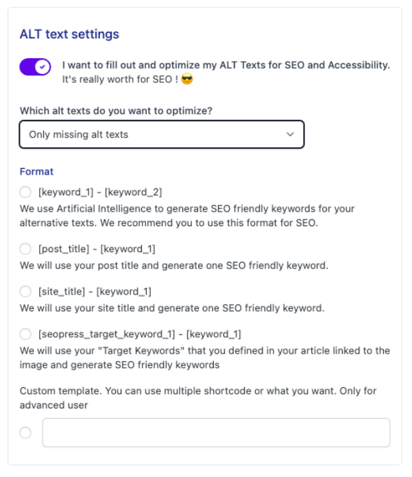 Alt-tekst instellingen in de Image SEO Optimizer plugin