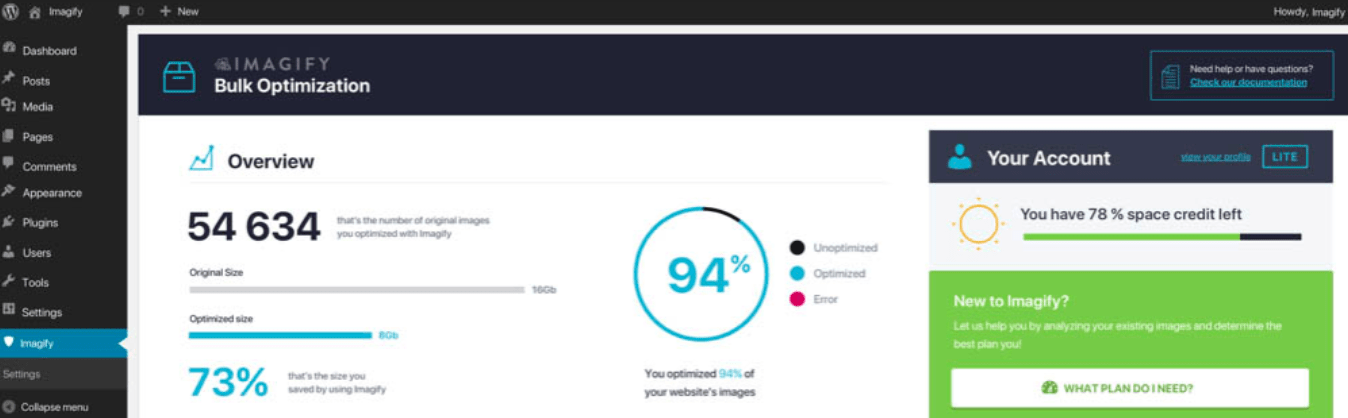 De Imagify plugin in het WordPress dashboard