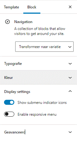 Site editor Navigatie blok eigenschappen