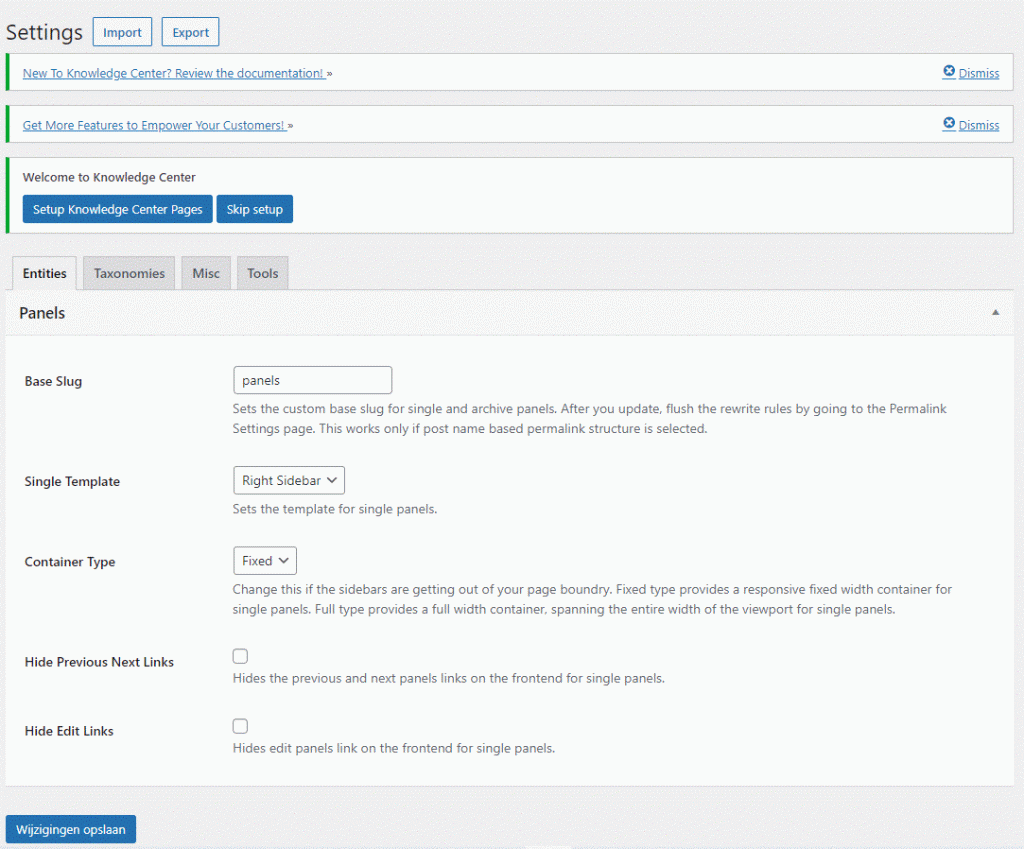 Knowledge Center settings