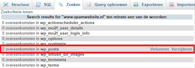 phpMyAdmin zoekresultaten