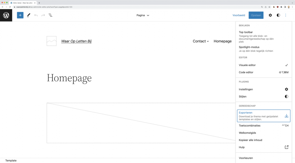 Thema exporteren vanuit visuele thema editor in WordPress 6.0. 